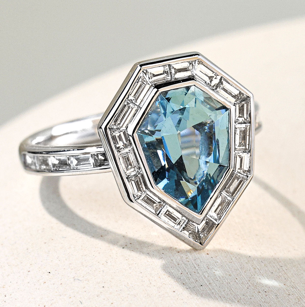Shield-Cut Aquamarine & Diamond Platinum Ring